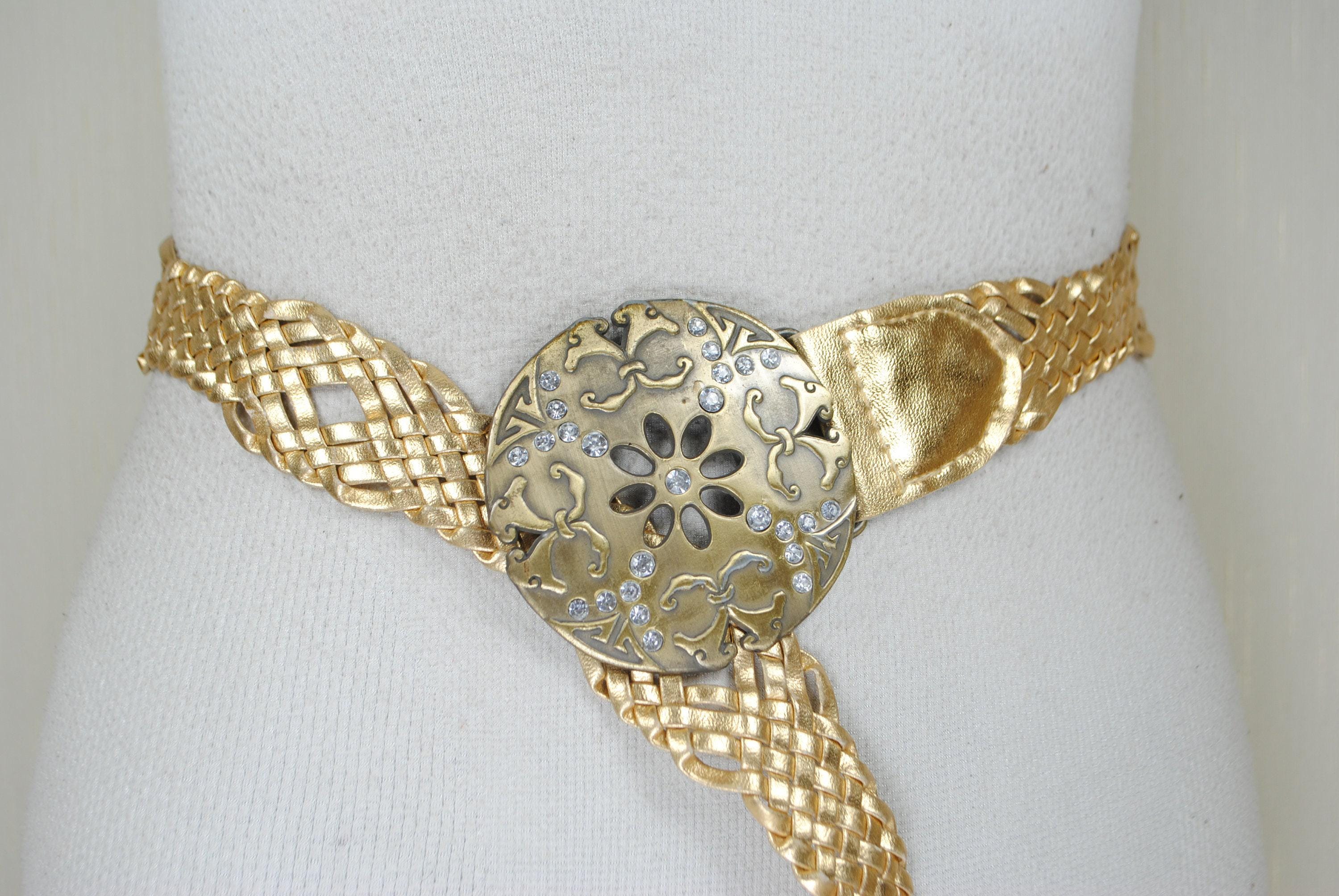 vintage gold concho belt womens size Large Stamped design Y2K Women Vintage Y2k Belt Concho Rivet Leather Belts Western  main image 3