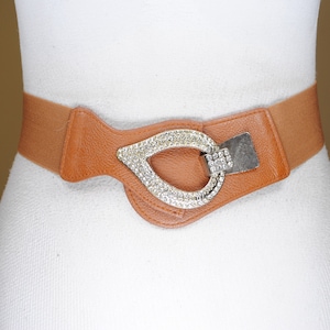 Brown Elastic Belt with Leather Accents & Rhinestone Buckle, Brown Stretch Waist Belt for Women, Stylish Casual  Brown Belt Adjustable Fit