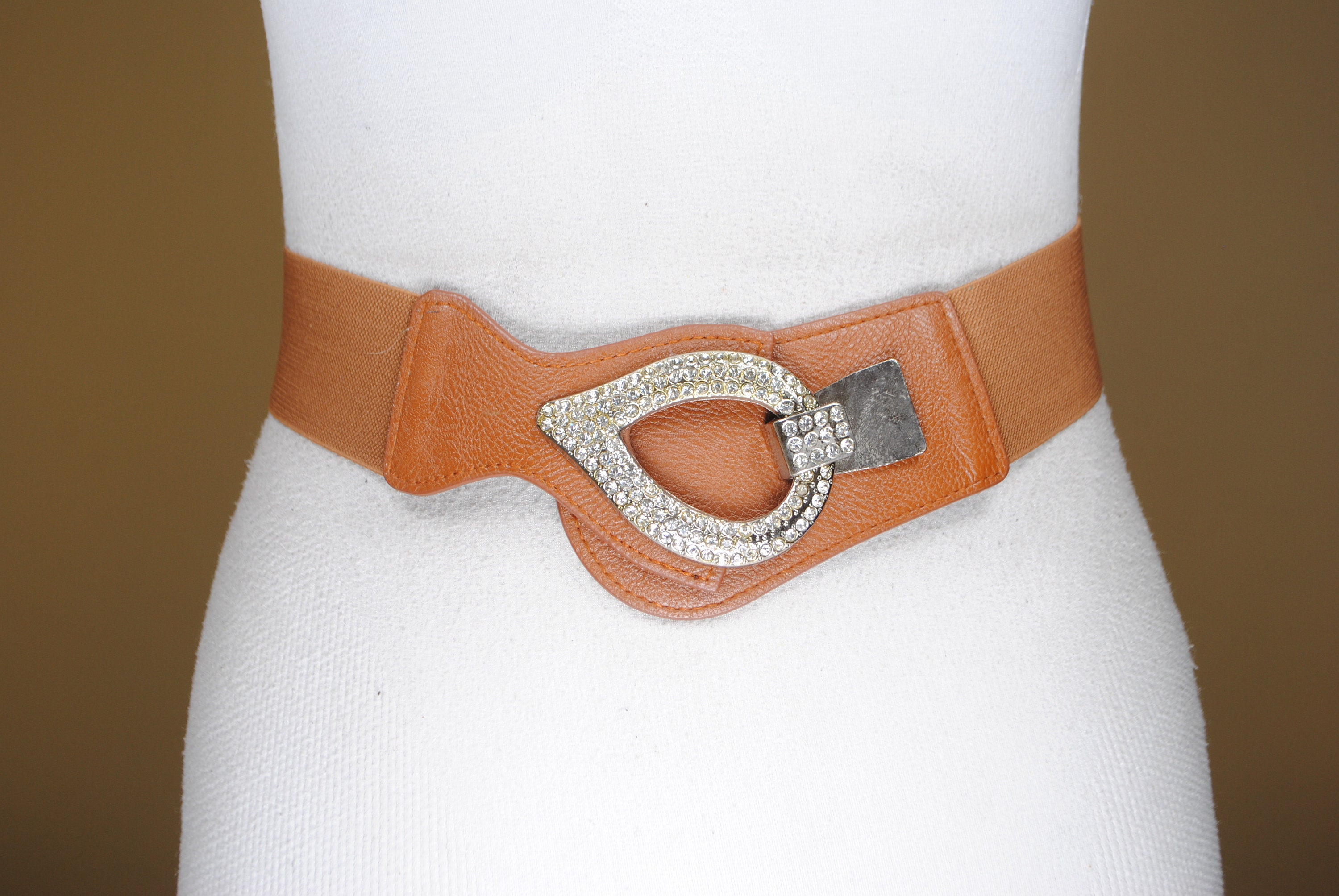 Vintage Brown Elastic Belt: Rhinestone Buckle, Leather 