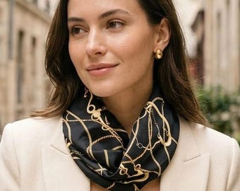 Vintage Elegant Silk Chain-Link Print Scarf in Black and Gold
