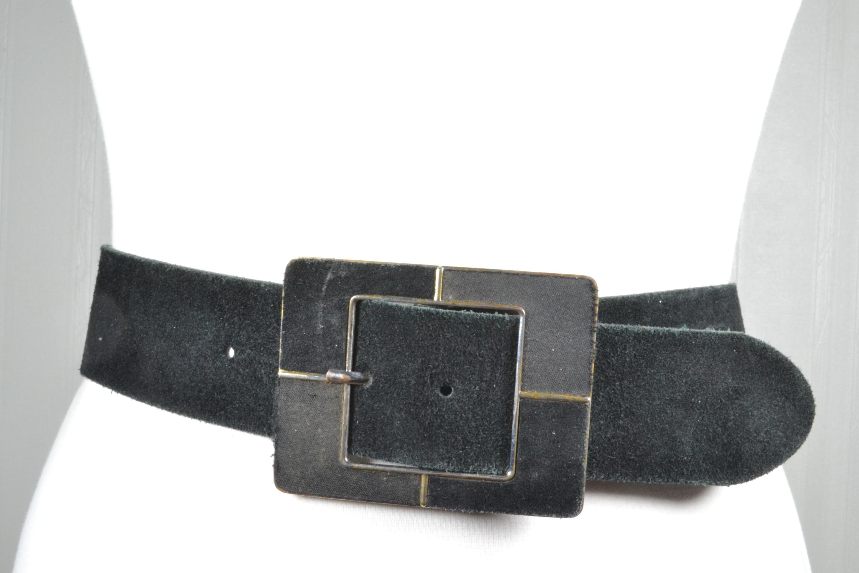 Vintage Black Suede Belt: Wide Waist Belt With Square Buckle  display picture 1