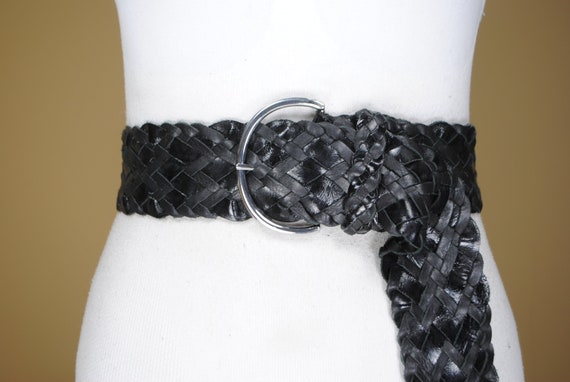 44'' Wide black woven leather belt women, black br