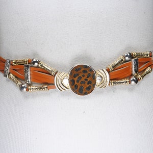 Vintage Tan Leather Belt with Leopard Print Buckle, Southwestern Boho Waist Belt, Unique Animal Print Belt, Retro 80s Cowgirl Rodeo Belt