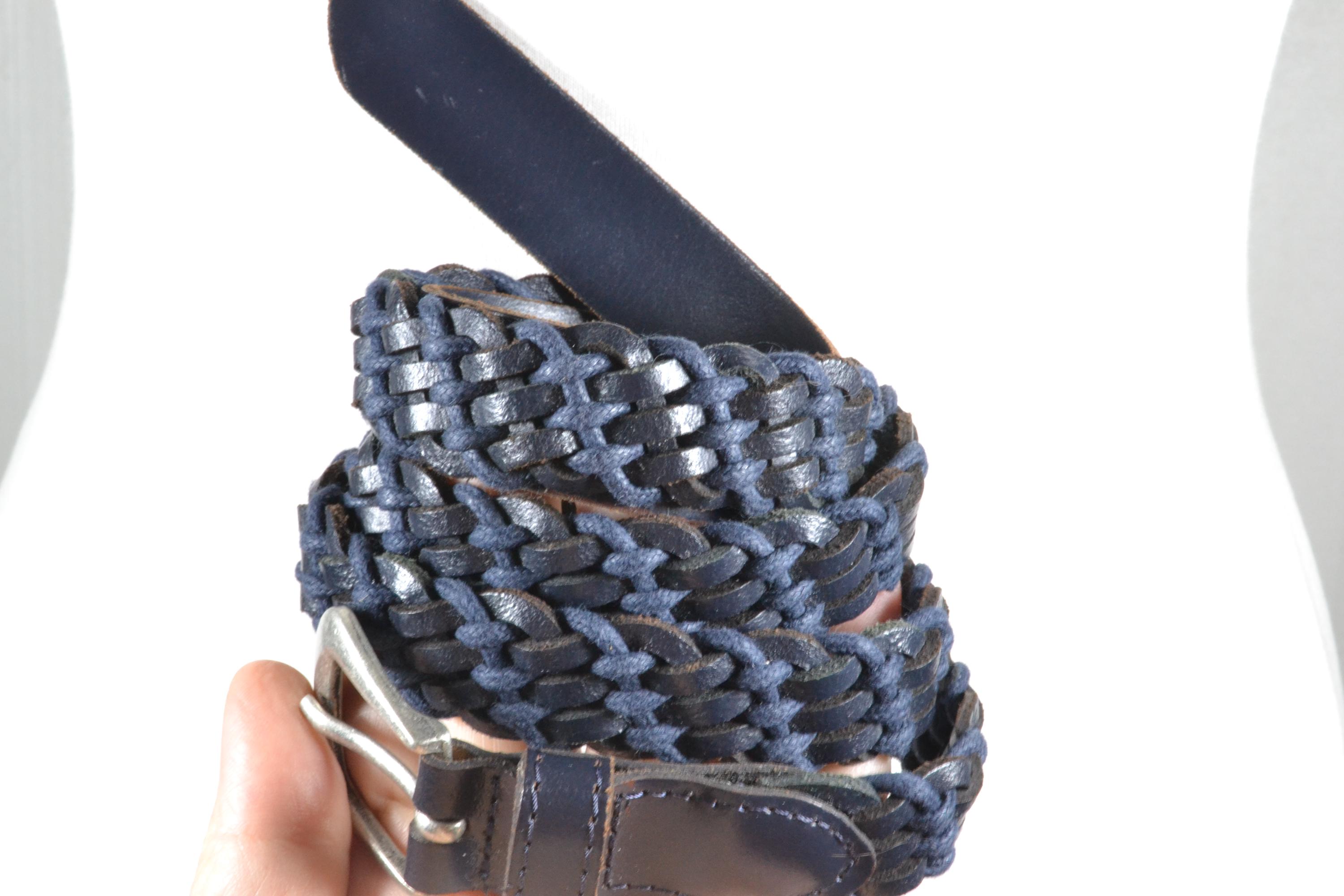 Vintage Navy Blue Leather Belt: Braided Back, Silver Buckle 