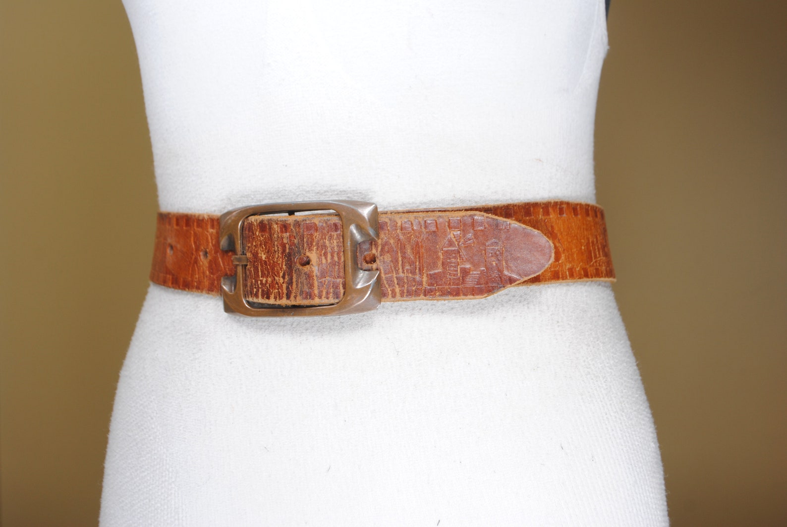 Brown Distressed Embossed Leather Belt Engraved Leather Belt Etsy UK
