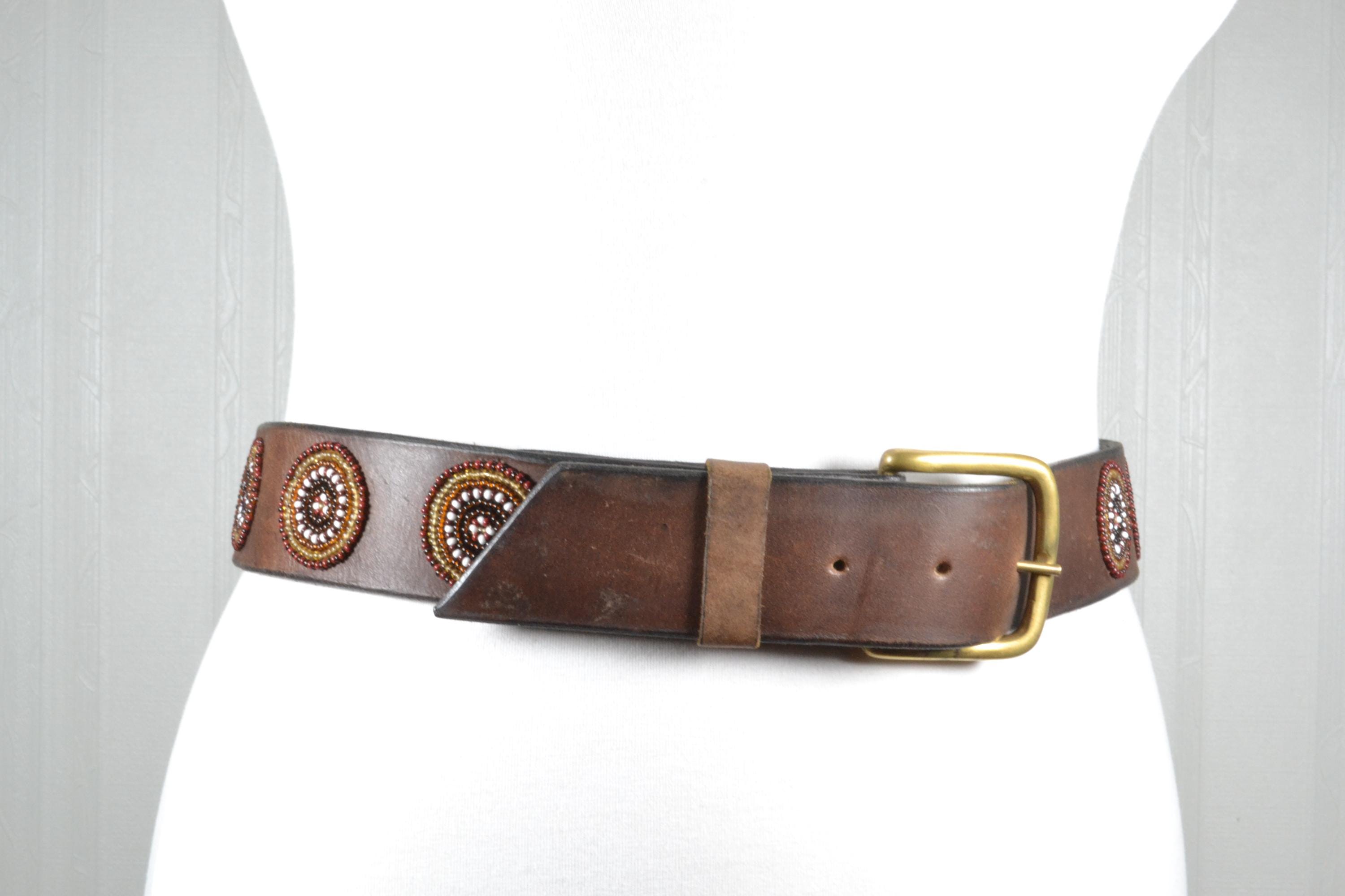 Vintage Brown Soft Leather Whipstitch Starburst Cutout Belt XL Brass Buckle Two Row Stitch Thick Leather Belt - Antique Brass Buckle  main image 2