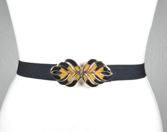 Gold Metal Leaf Buckle on Black Elastic Belt - Etsy display picture 1