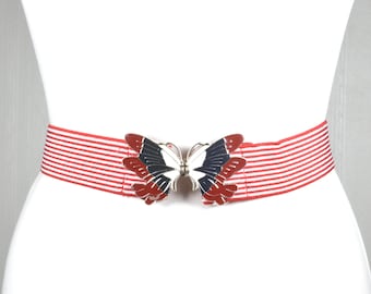Vintage Red Striped Elastic Belt with Butterfly Buckle