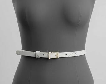 White Skinny Leather Belt for Women with White Buckle, Minimalist