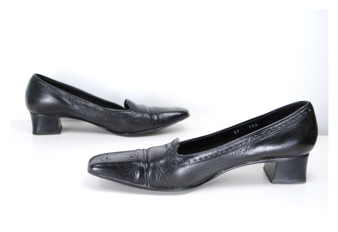 Vintage Black Pumps Low Heel Square Toe. Black Laser Cut Shoes Women - Etsy