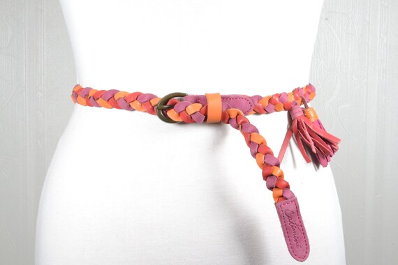 Bright Pink and Orange Braided Leather Belt With Tassel  display picture 3