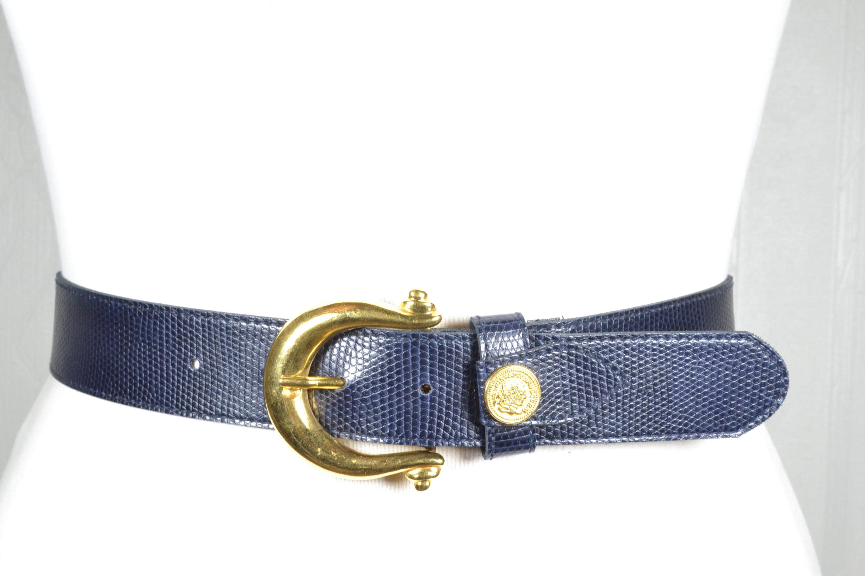 Vintage Navy Blue Lizard Embossed Vegan Leather Belt With  display picture 1