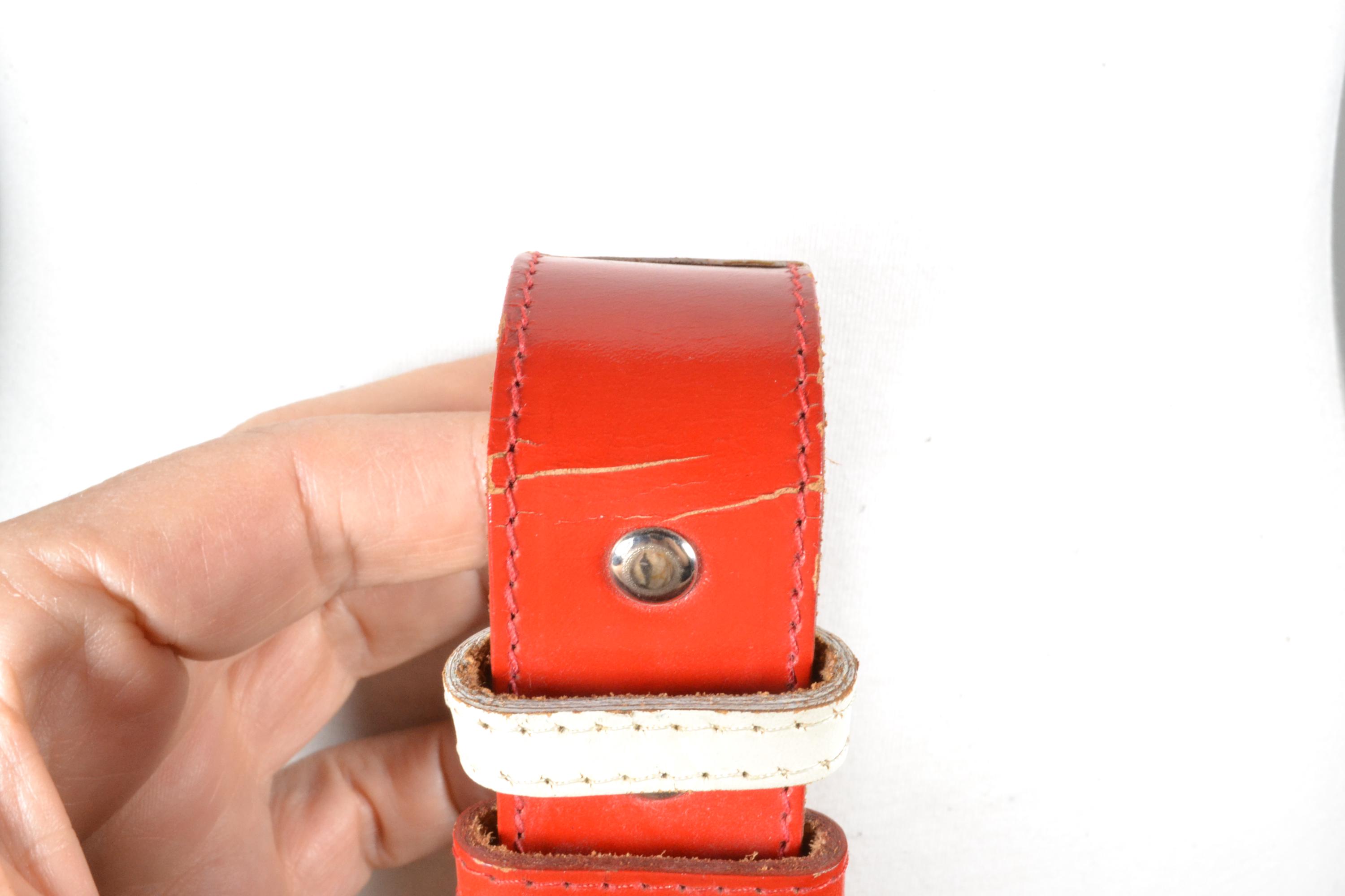 Vintage Red Leather Statement Belt: 80s Retro Stripe Waist  display picture 2