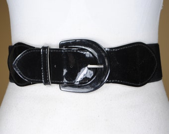 Black wide patent stretch waist belt for women