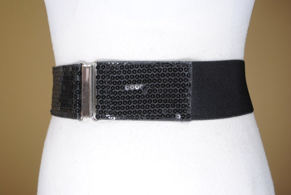 Black wide sequin stretch belt for women