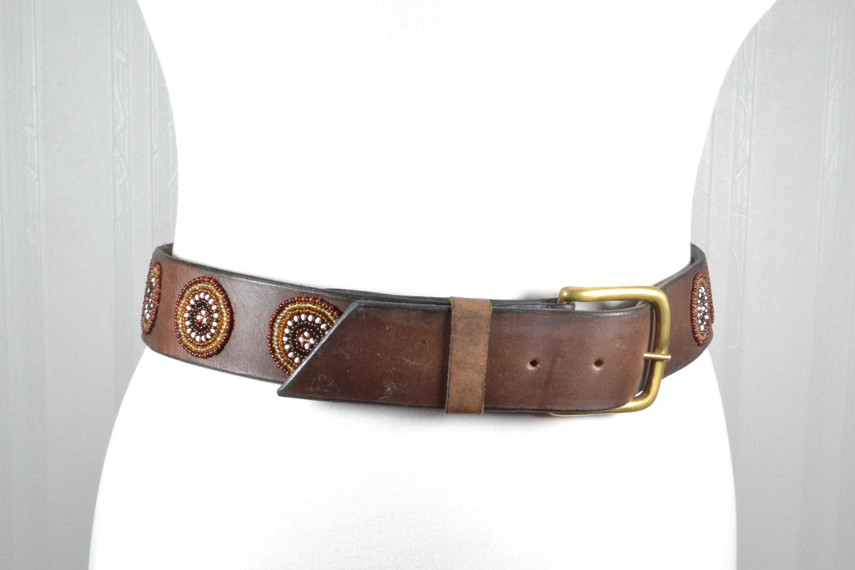 Vintage Brown Leather Belt With Brass Buckle and Beaded  display picture 1