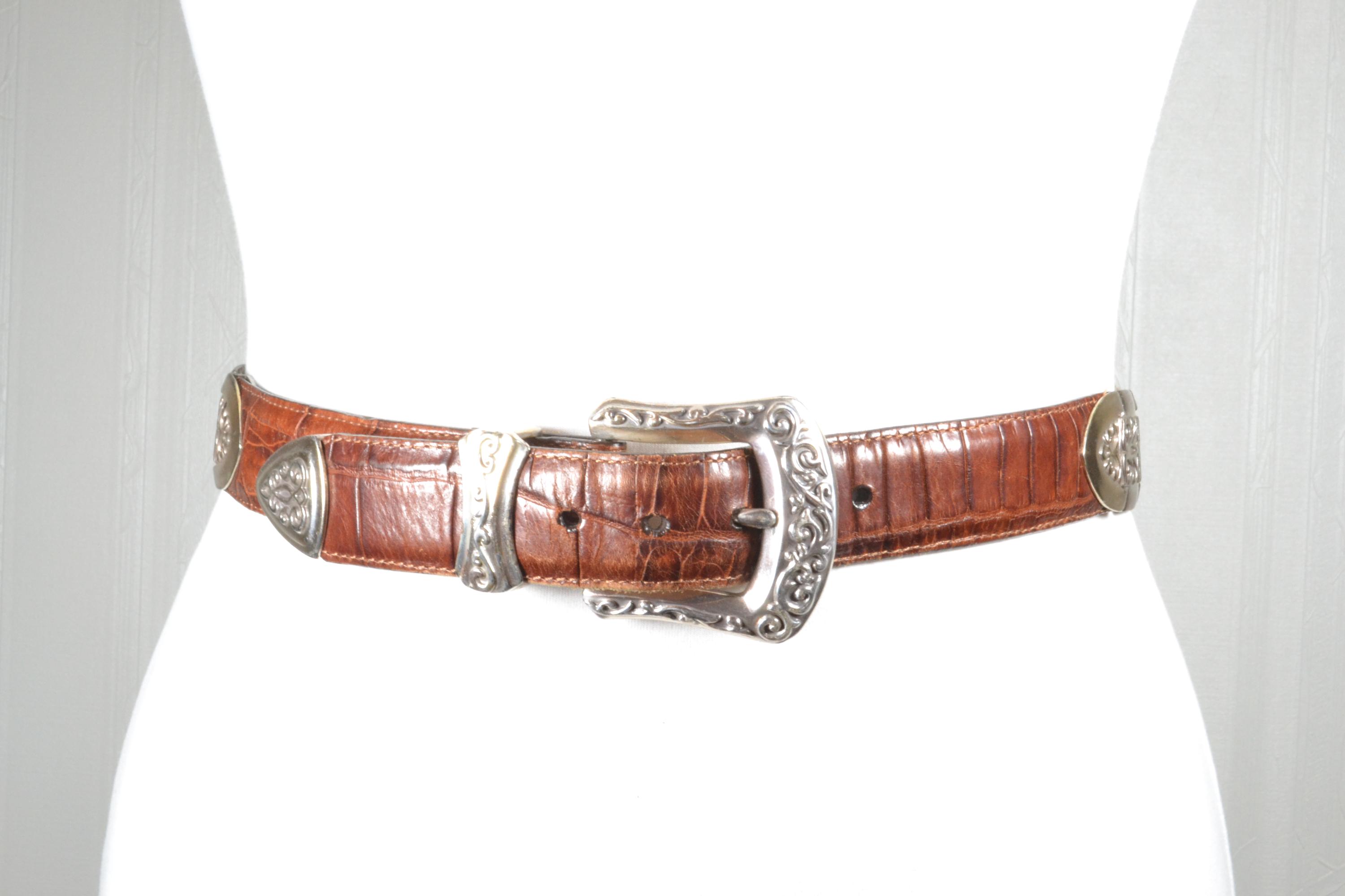 VTG Western Leather Belt LG Silver Engraved Buckle Croc Embossed Cowgirl Sz SM XXS Cowgirl Belt: Embossed Leather Western Belt With Silver  main image 2