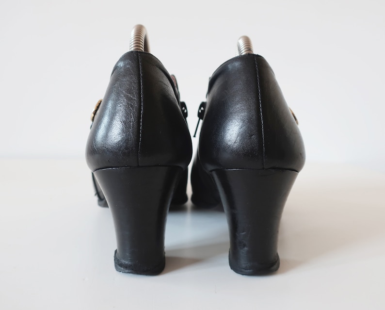 1970s black leather ankle heel boots for women with buckle size US 8 EU 38