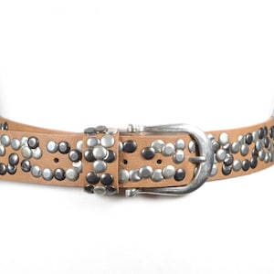 Brown Riveted Leather Belt for Women, Silver Studded Leather Waist Belt, Vintage Rocker Belt with Metal Accents, Y2K Vintage Hip belt