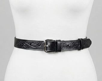 Vintage Black Tooled Leather Belt: Western Animal Motif  display picture 3