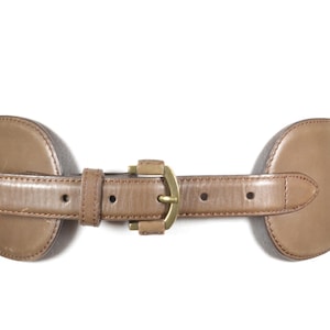 Vintage Wide Tan Leather Cinch Belt with Brass Buckle Padded Sides, High Waist Statement Waist Belt, Retro Designer Western Brown Belt