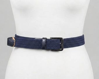 Vintage Navy Blue Braided Belt: Unisex Leather Accent Woven Belt