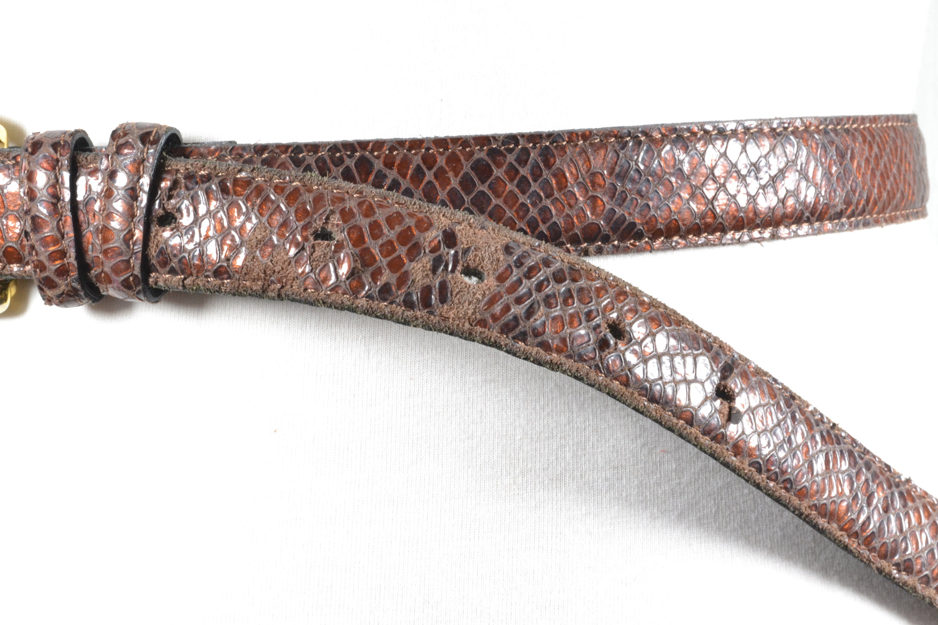 Vintage Leather Snake skin Brown Belt BOHO 90s Brown Leather Waist Belt: Snake Skin Metal Trim, Vintage  main image 4