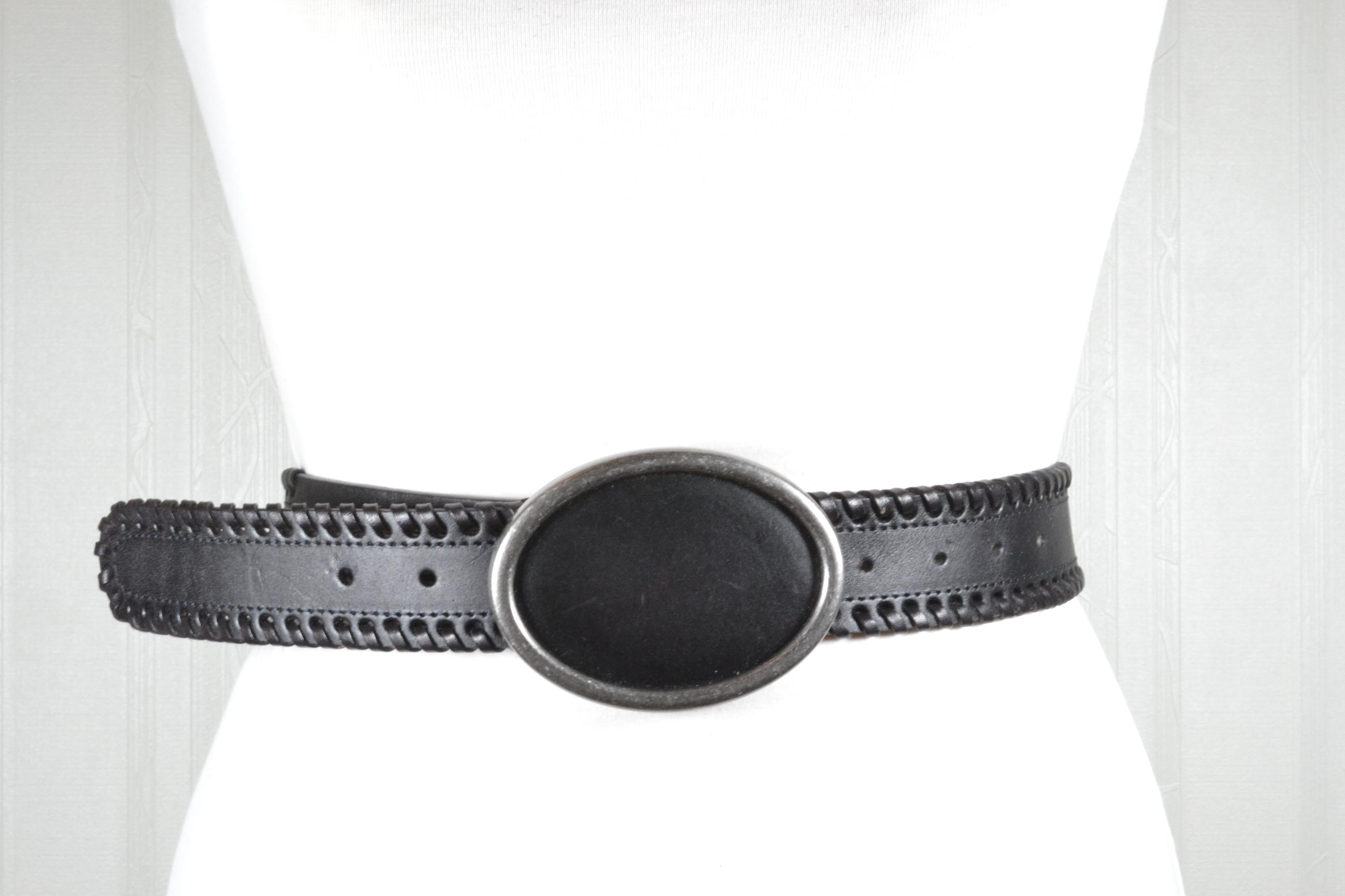 Black textured leather statement buckle unisex belt size medium western boho Women main image 4