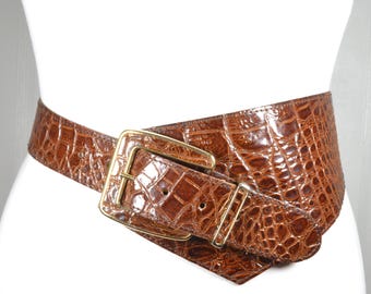 Vintage Croc Embossed Beige Leather Western-Style Belt with Ornate Silver Buckle Vintage Croc Embossed Leather Western Belt: Ornate Silver  main image 4