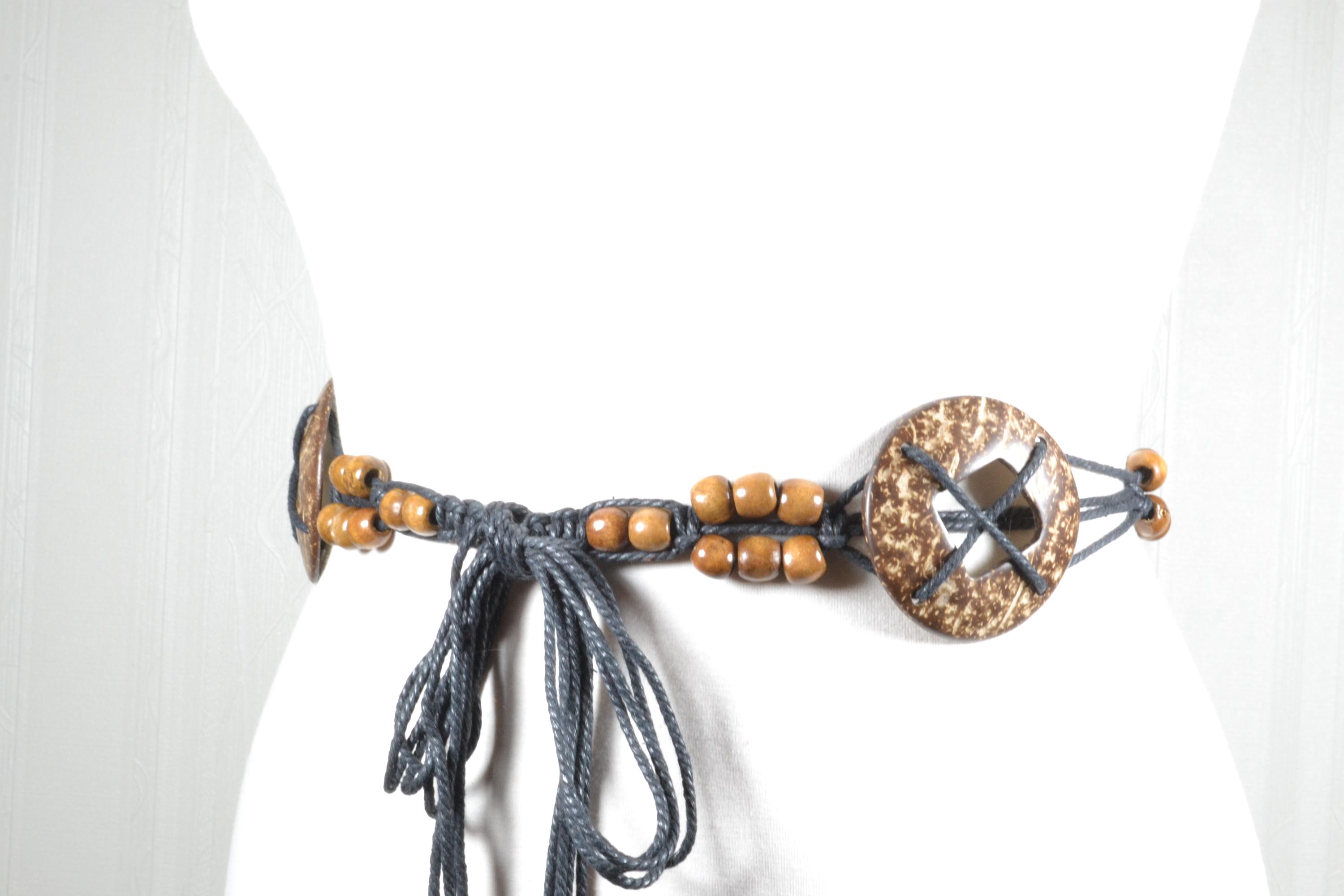 Boho Shell Disc & Wooden Bead Tie Waist Belt Festival Coastal Grandma Vintage Macrame Belt Wood Bead Boho Festival 70s Hippie Tie  main image 3