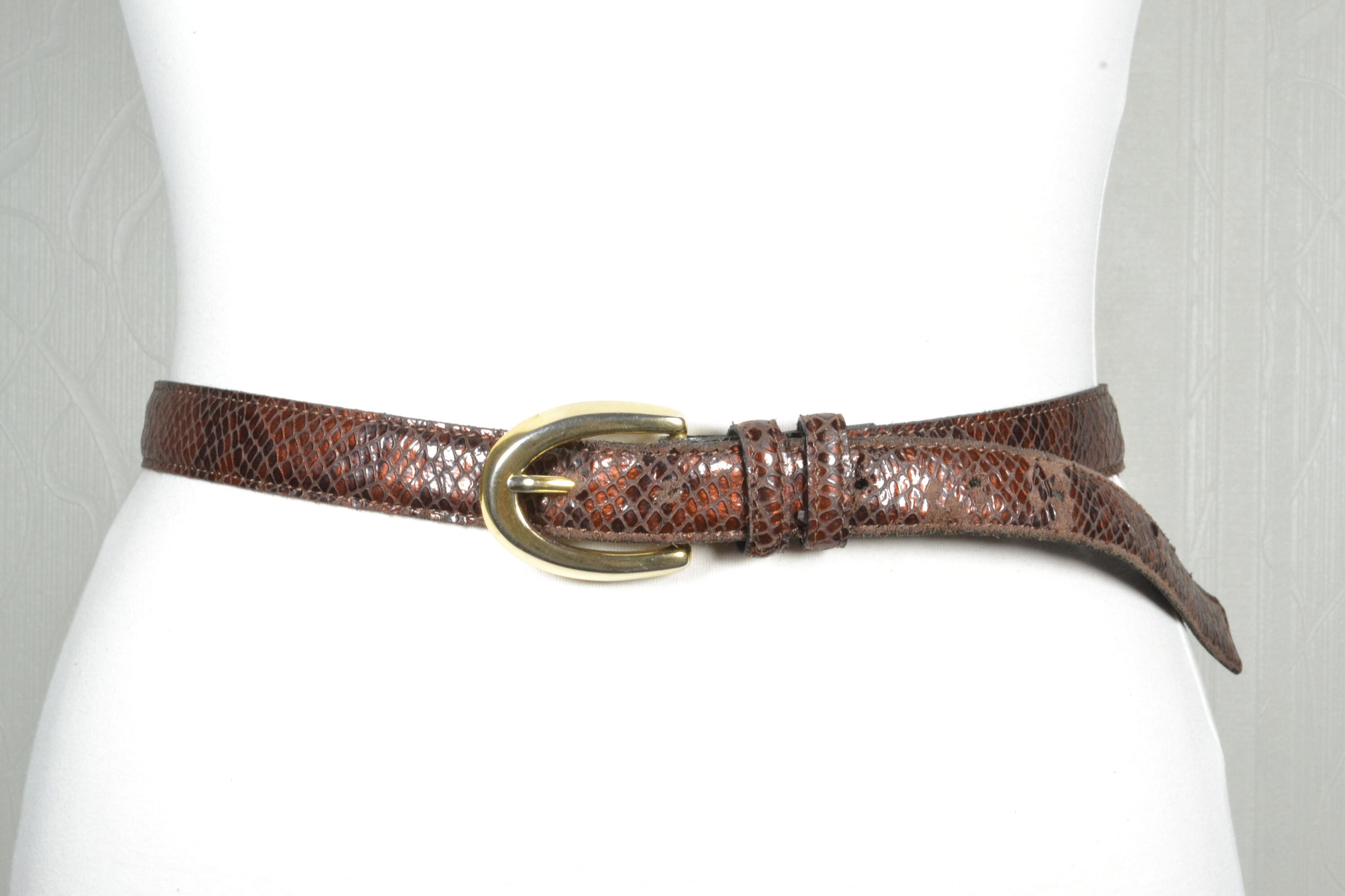 Vintage red leather gold hardware waist belt western art deco boho snake Small Vintage Brown Snake Pattern Leather Belt: Skinny Boho Style  main image 2