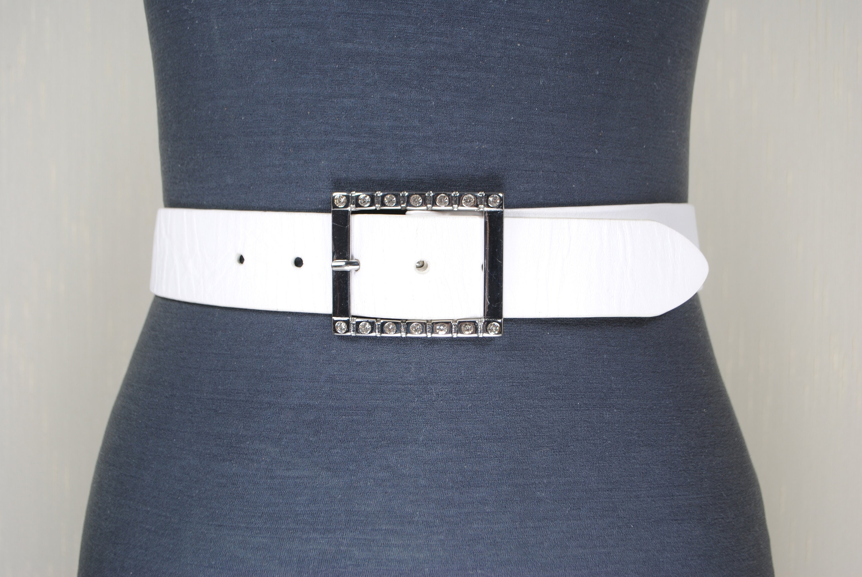 Men'S White Leather Belt Buckle Diamond Jeans Belt L05 44inch (Waist 34-36)