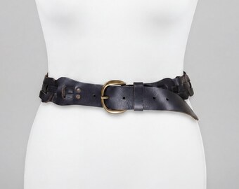 Cinturón ancho de cuero negro tejido: cuero genuino trenzado