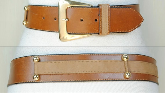 Wide Tan Leather Belt With Gold Buckle (40 Inch) - Etsy display picture 3