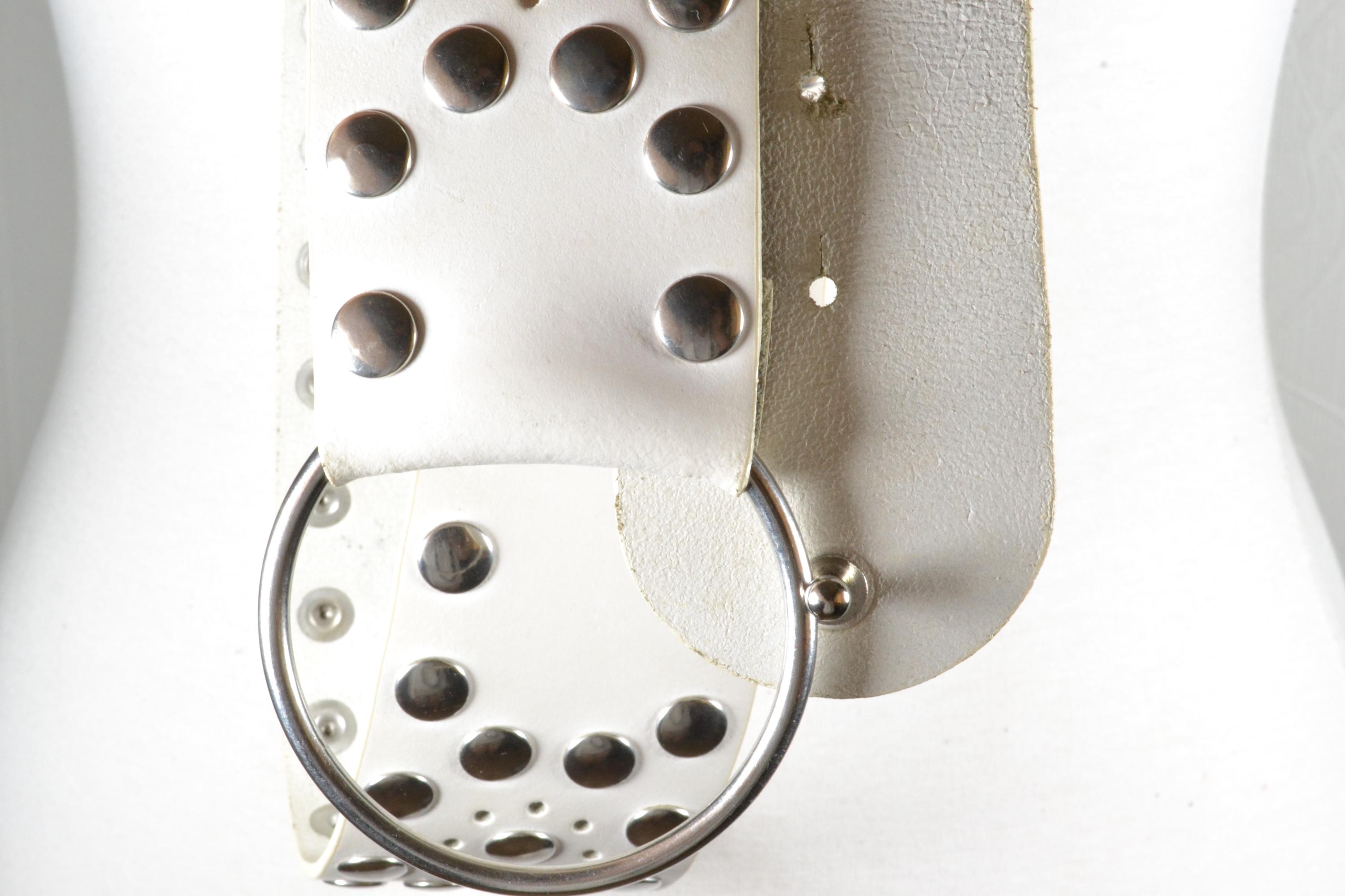 Vintage White Leather Belt: Silver Studs, Ring Buckle, Wide Waist