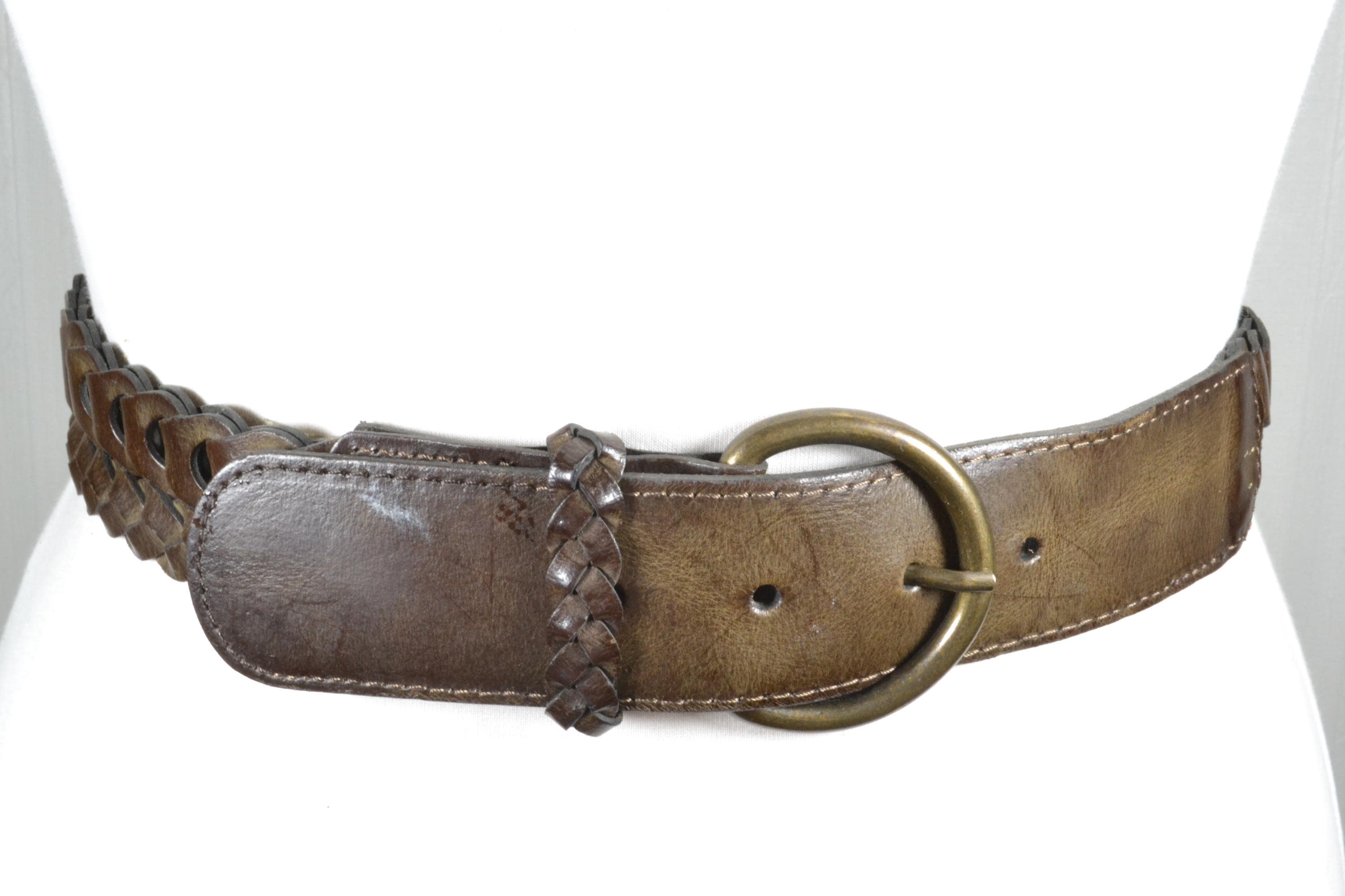 Vintage Plus Size Braided Brown Leather Belt Boho Waist 43-51\
