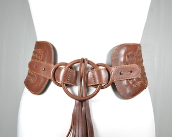 Vintage Brown Leather Grommet Belt: Scalloped Western Corset 