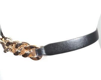 Vintage Black Leather Belt With Gold Chain Link - Elegant  display picture 3