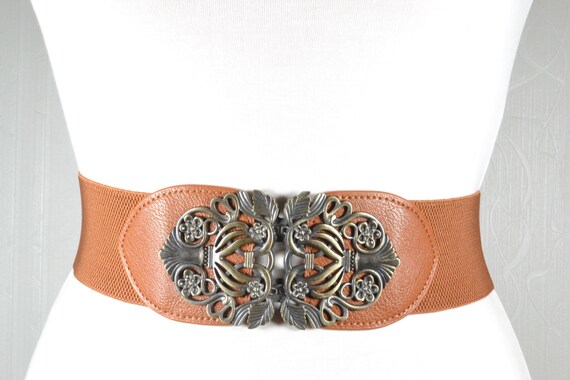 Vintage Tan Stretch Belt: Ornate Silver Buckle, Boho Waist  display picture 2