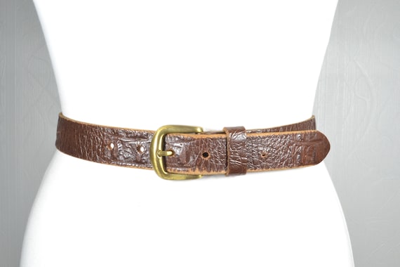 Vintage Western Genuine Leather Crocodile Embossed Belt with Brass Buckle