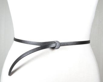 Minimalist Black Leather Loop Belt, Skinny Tie Belt