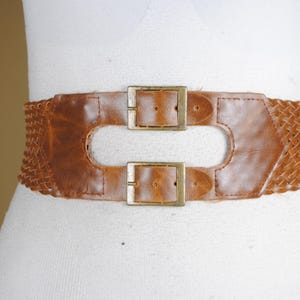 Wide Brown Braided Belt with Double Buckle, Black Elastic Back Waist Belt, Stretchy Woven Corset Belt for Women, Statement Boho Belt