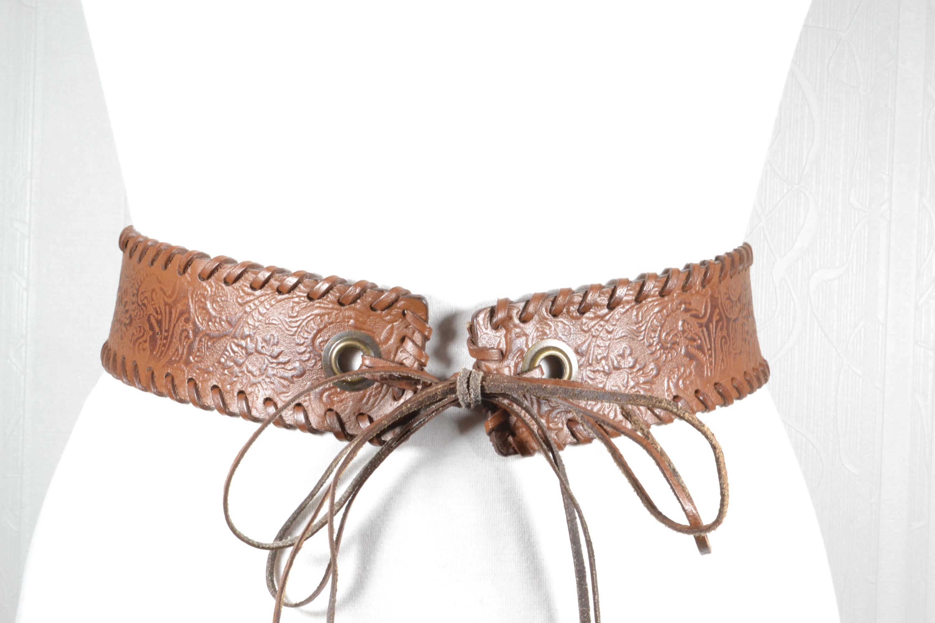 Vintage Brown Tooled Leather Corset Belt, Adjustable Lace-up  display picture 2