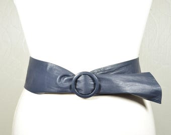 Vintage Wide Dark Blue Leather Wrap Belt, Leather Sash Belt with Covered Buckle