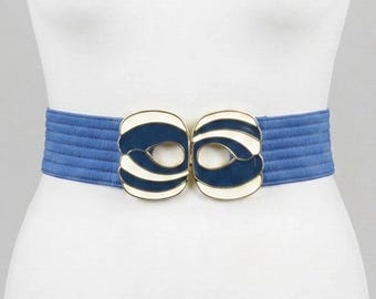 80s Navy Blue Stretch Belt: Gold Tone Enameled Clasp Buckle  display picture 1