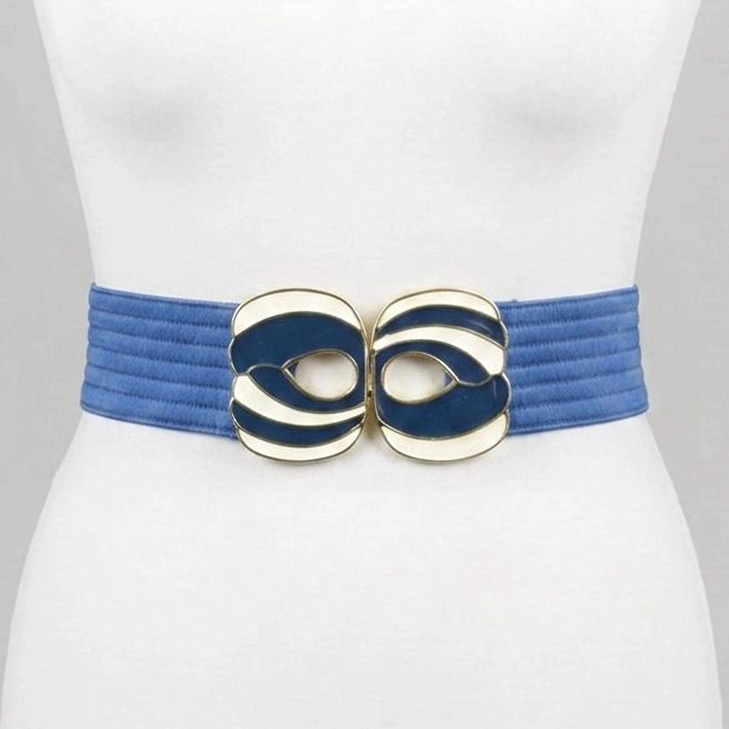 Vintage Blue Elastic Waist Belt: Gold Navy Enamel Buckle - Etsy