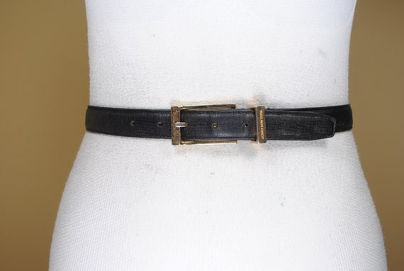 Vintage Signature ECHO Genuine Lizard Skin Black Belt Gold Rope Buckle Size M Vintage Black Lizard Embossed Leather Belt With Polished  main image 2