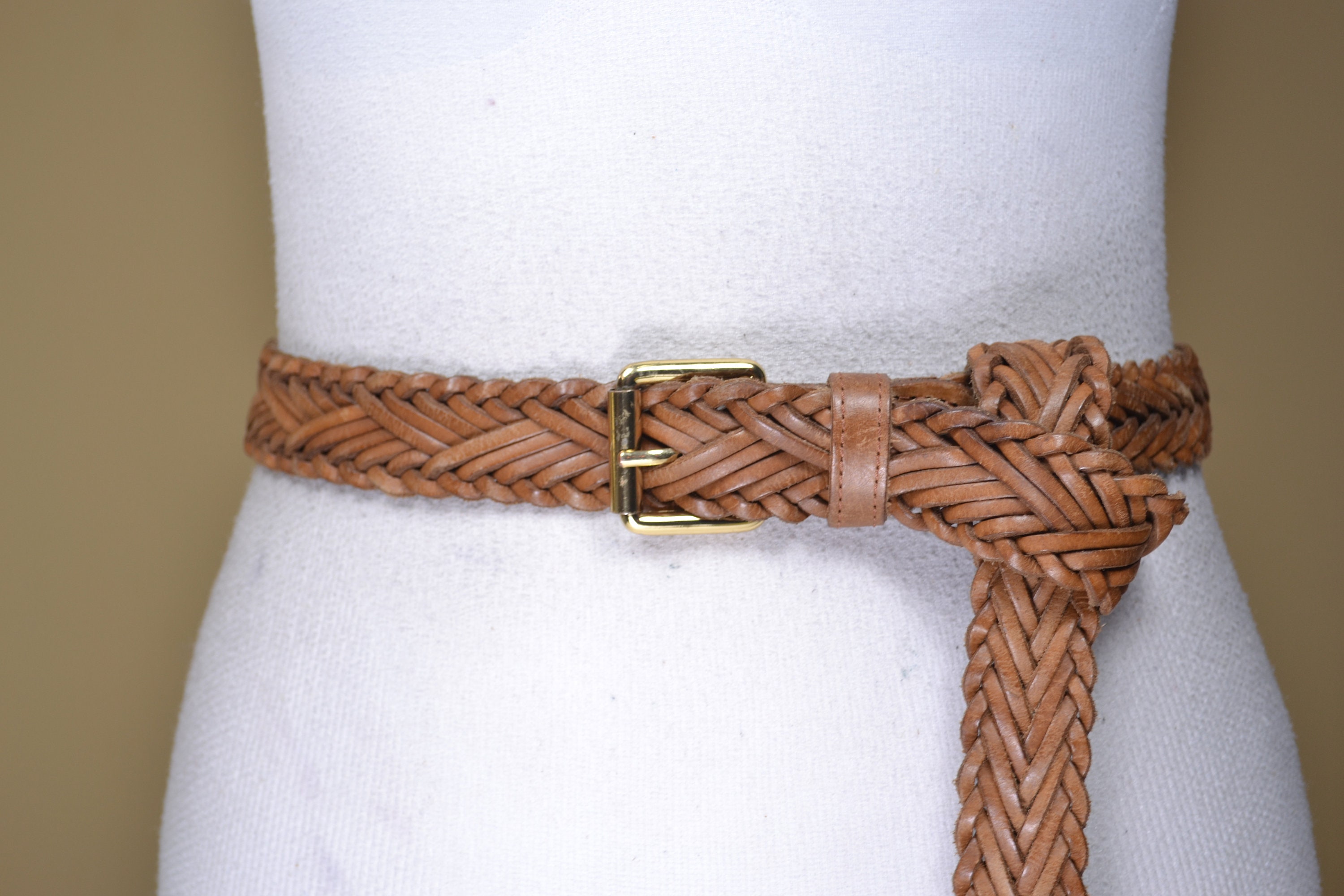 Doncaster Braided Leather Belt with Gold-Tone Buckle - Brown Braided Leather Belt: Skinny Tan Brown With Brass Buckle - Etsy main image 3