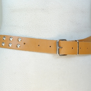 Tan cone studded belt, skinny studs belt, brown silver belt, western brown belt