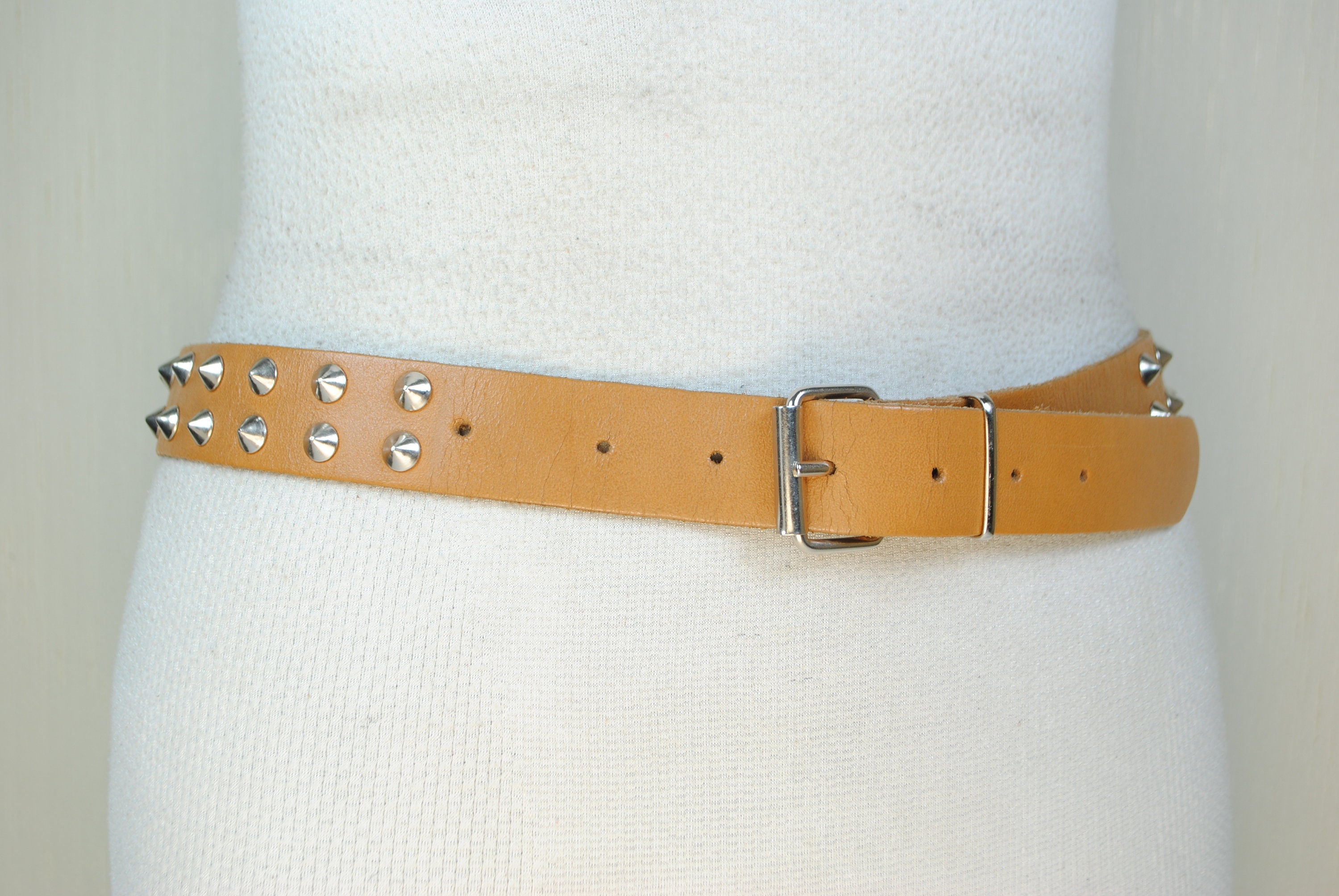 Vintage Tan Leather Studded Belt, Punk Rock Silver Cone  display picture 1